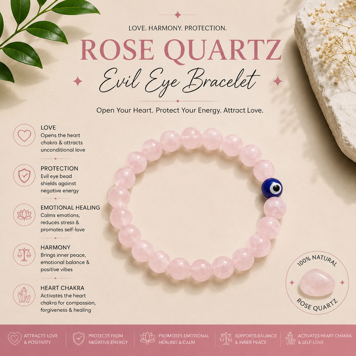 Rose Quartz with evil eye bracelet- for love and protection