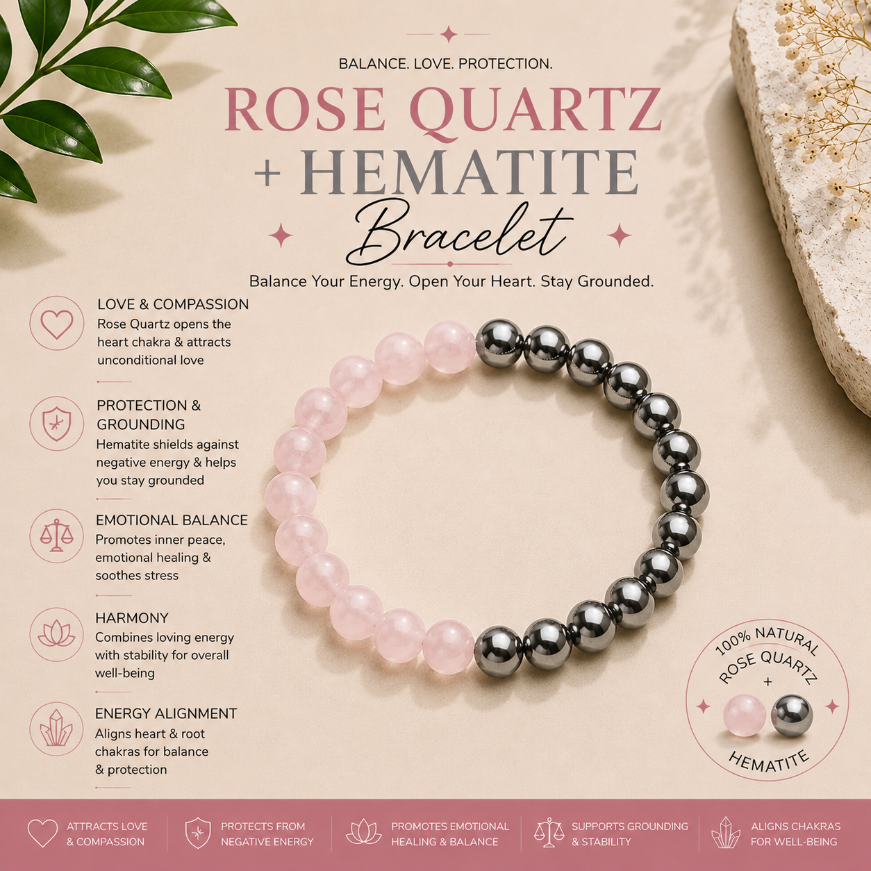 Rose Quartz + Hematite Bracelet – For Love & Protection