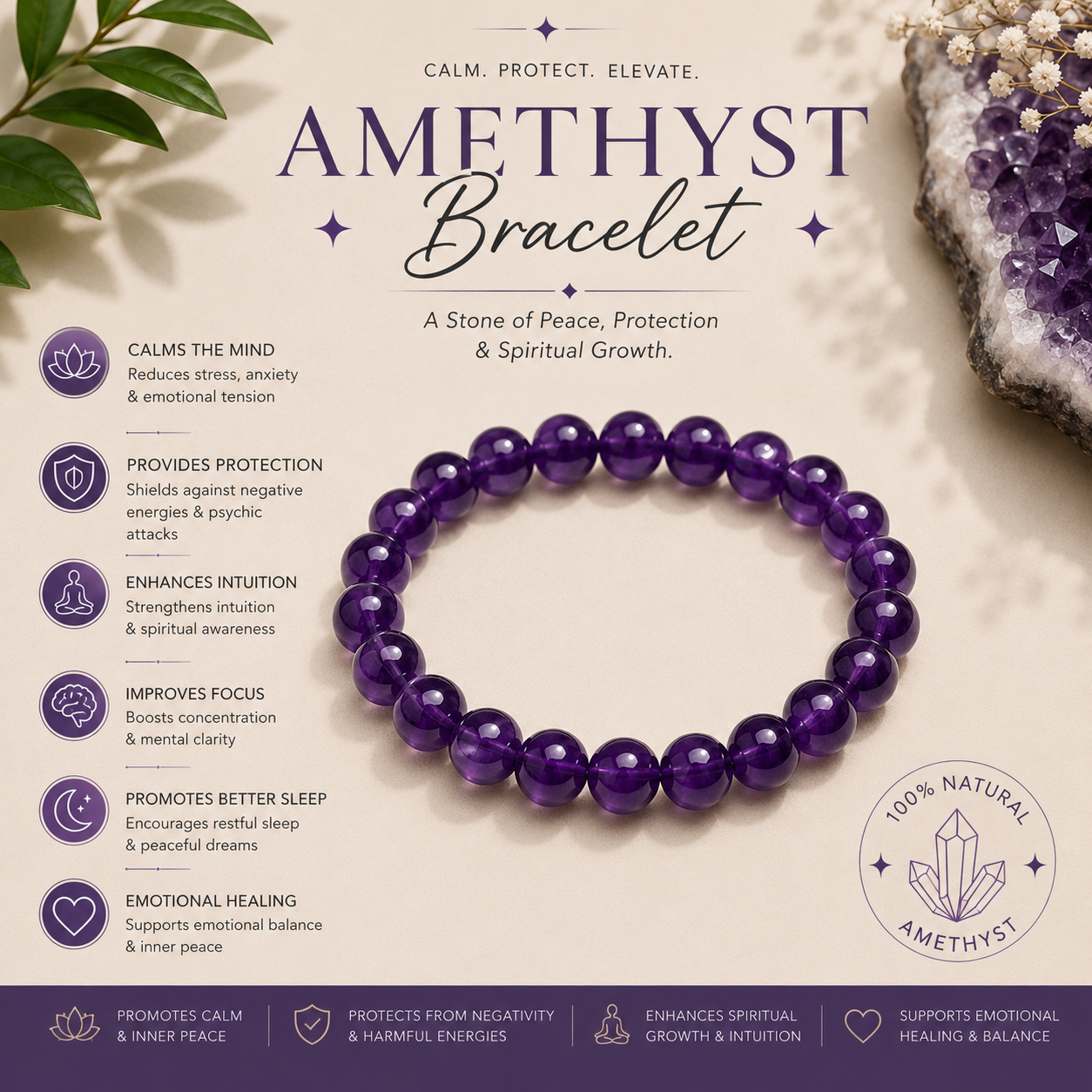 Amethyst Bracelet – For Stress Relief, Peace & Protection 💜