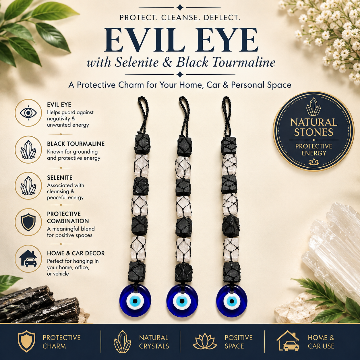 Evil Eye with Selenite & Black Tourmaline- For Nazar & Negative Energy Protection 🧿 (1 pc)