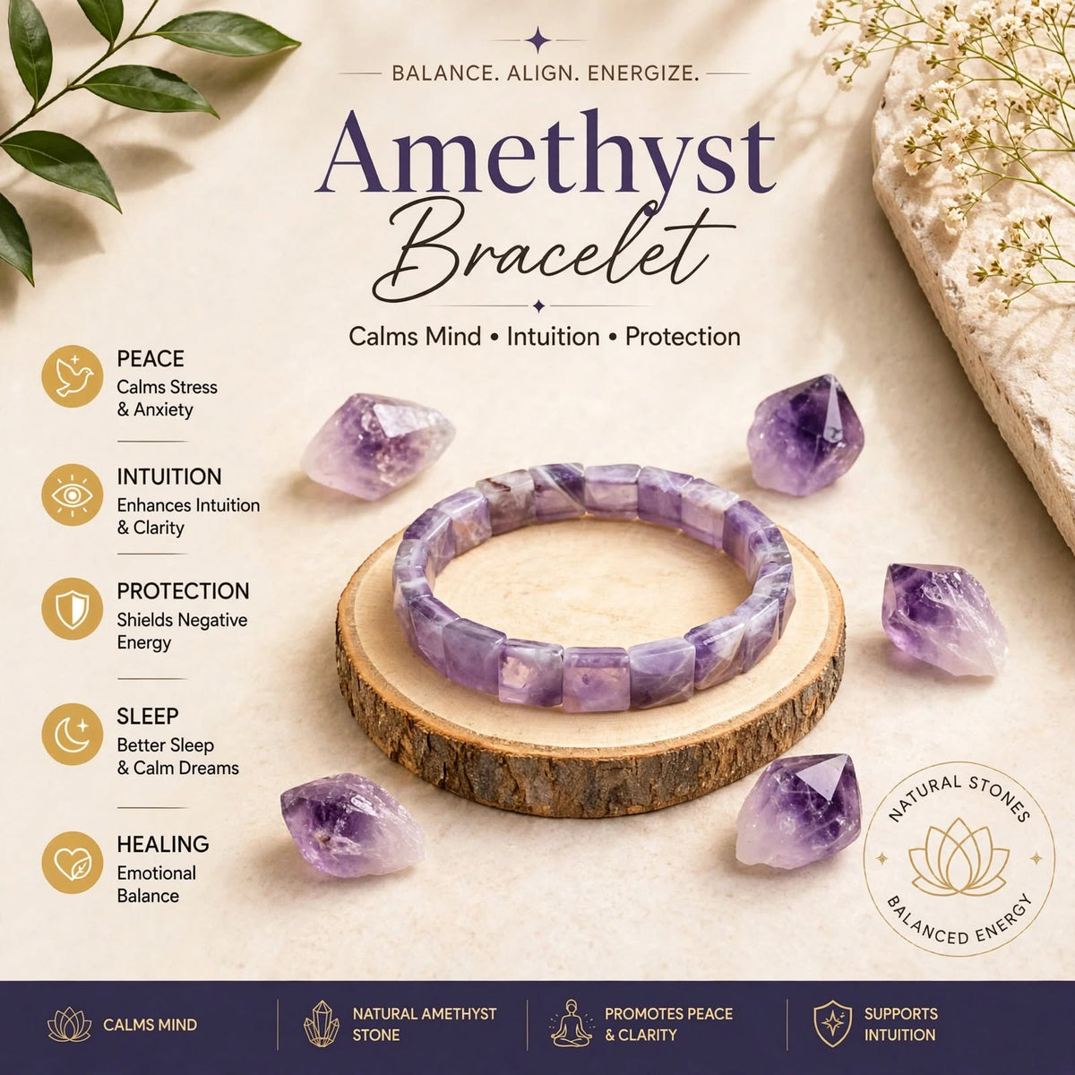 Amethyst Square Cut Bracelet – For Stress Relief, Peace & Protection 💜