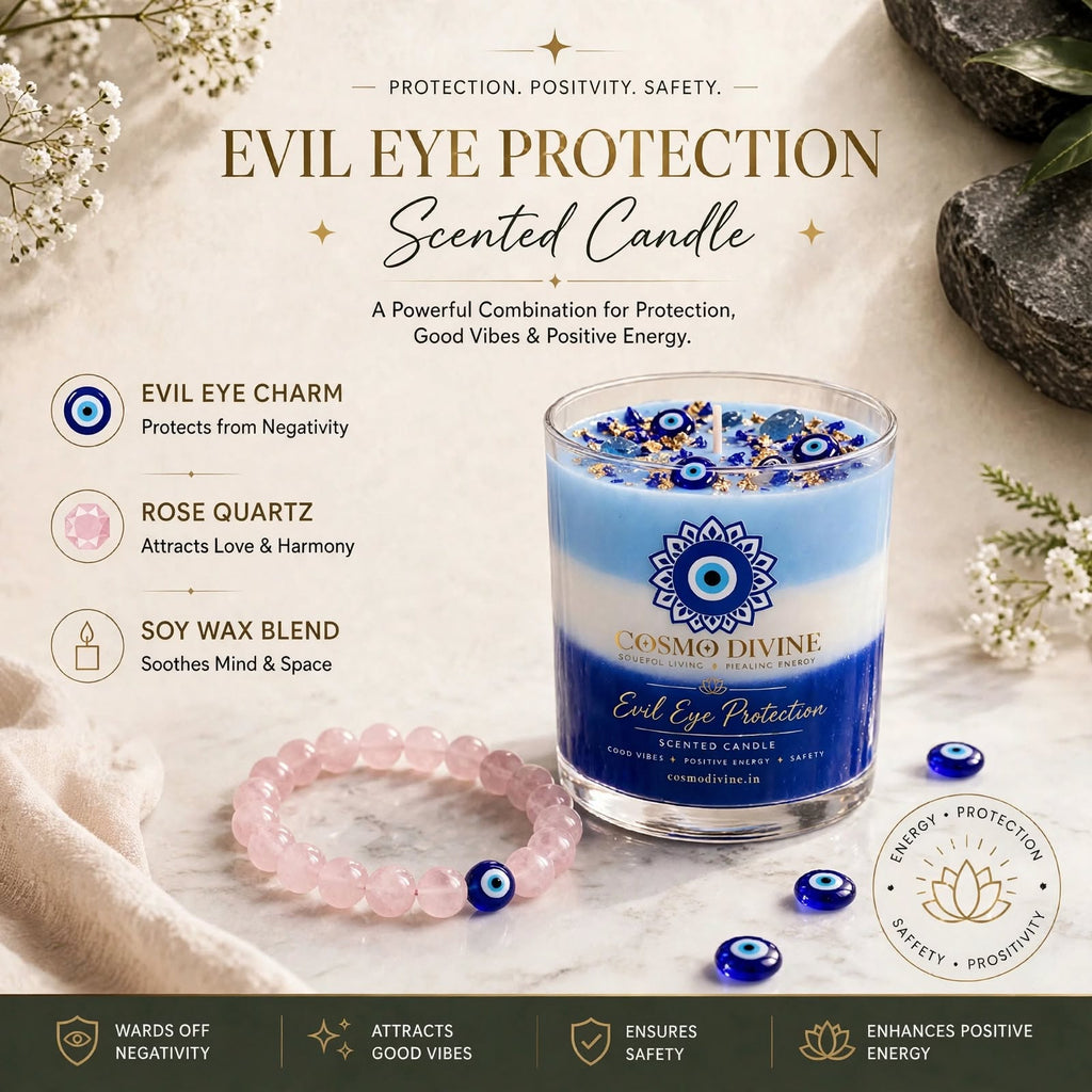 Evil Eye Candle & Rose Quartz Combo – Protection from Negative Vibes & Promotes Peace