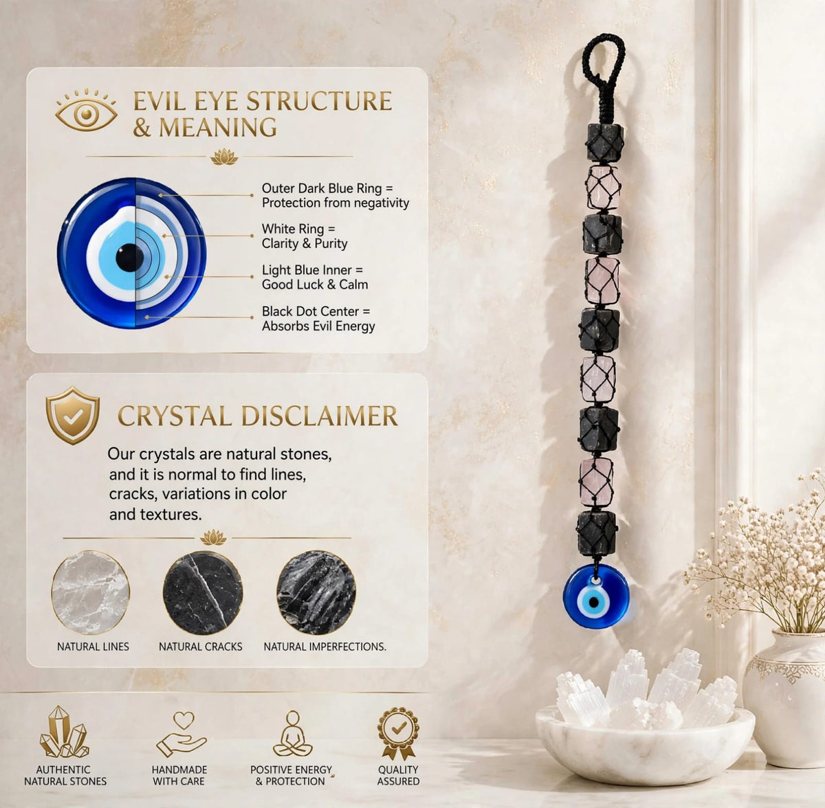 Evil Eye with Selenite & Black Tourmaline- For Nazar & Negative Energy Protection 🧿 (1 pc)