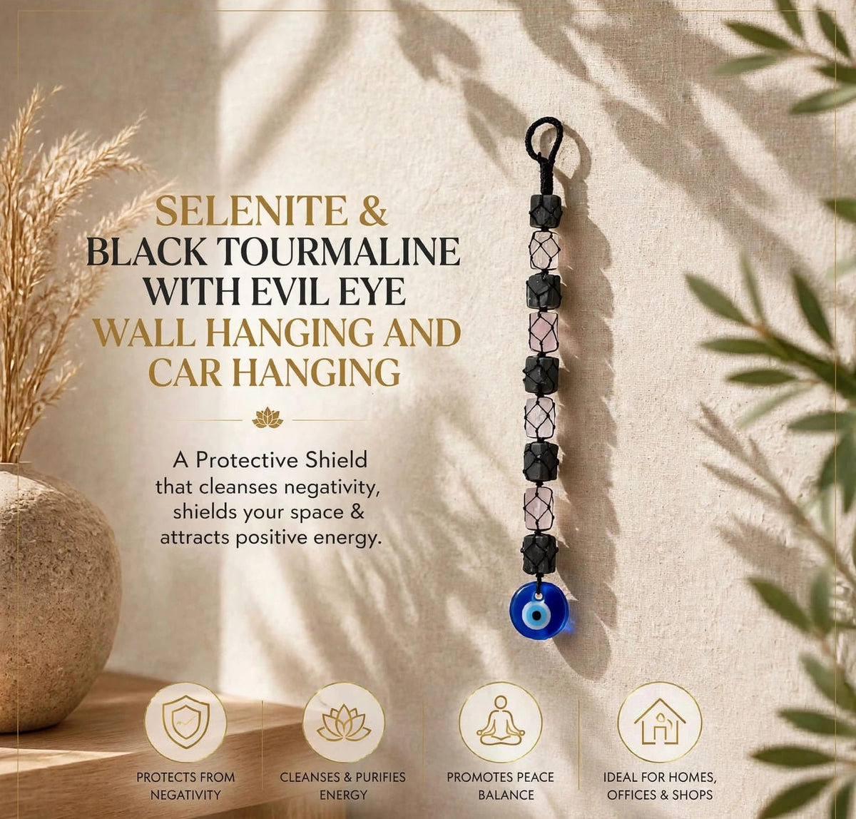 Evil Eye with Selenite & Black Tourmaline- For Nazar & Negative Energy Protection 🧿 (1 pc)