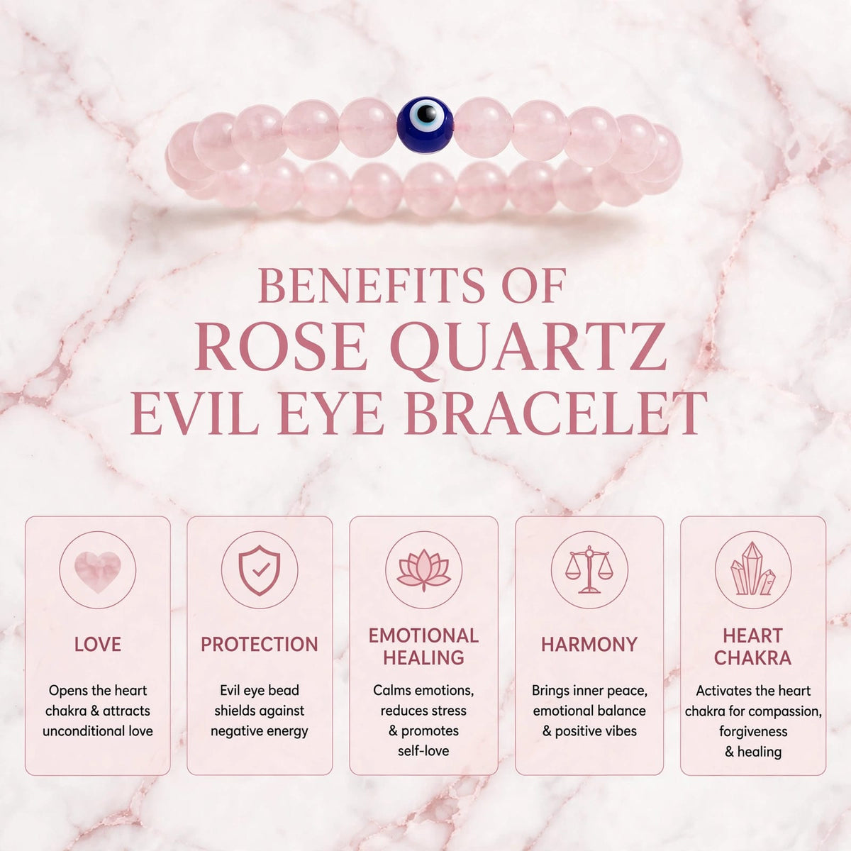 Rose Quartz with evil eye bracelet- for love and protection