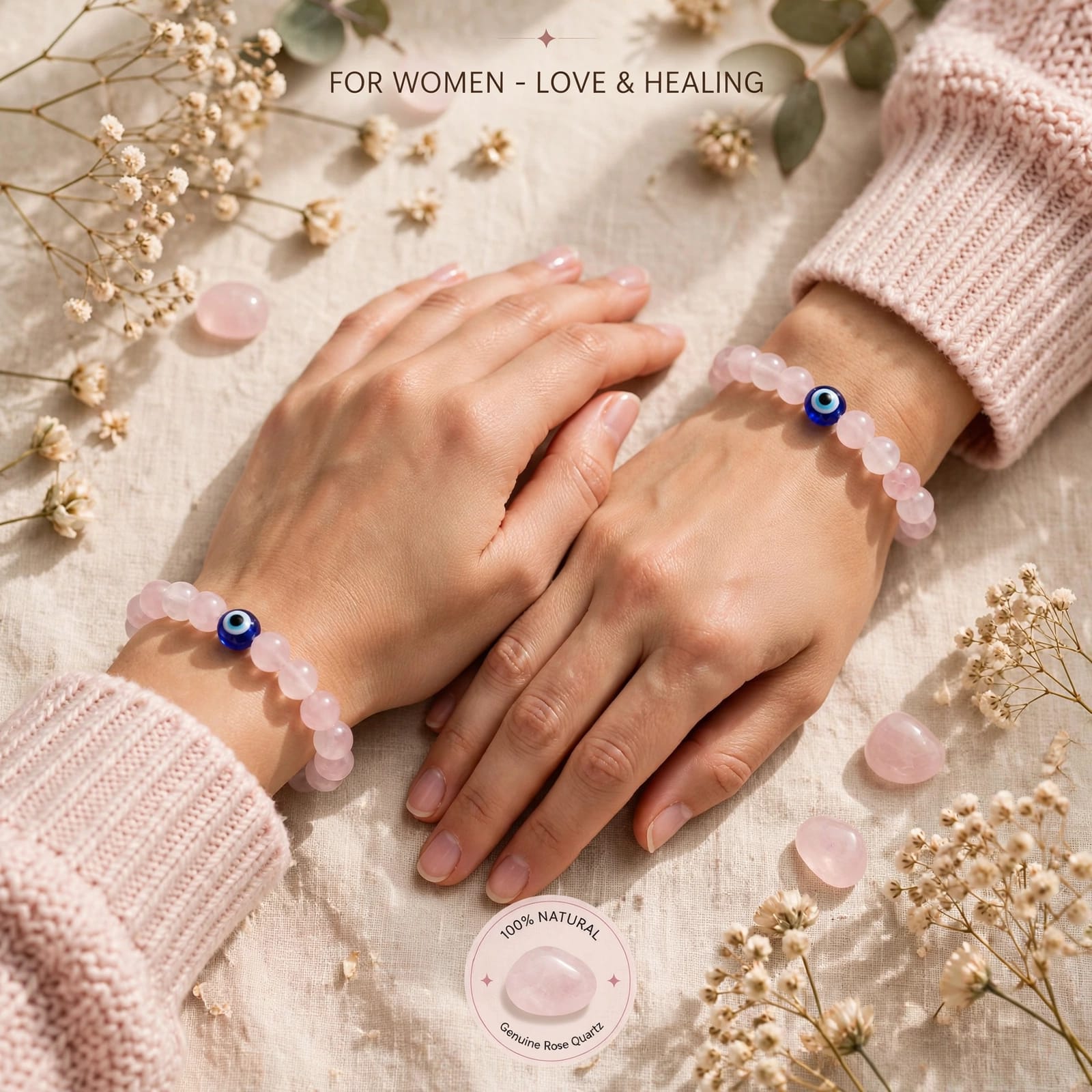 Rose Quartz with evil eye bracelet- for love and protection