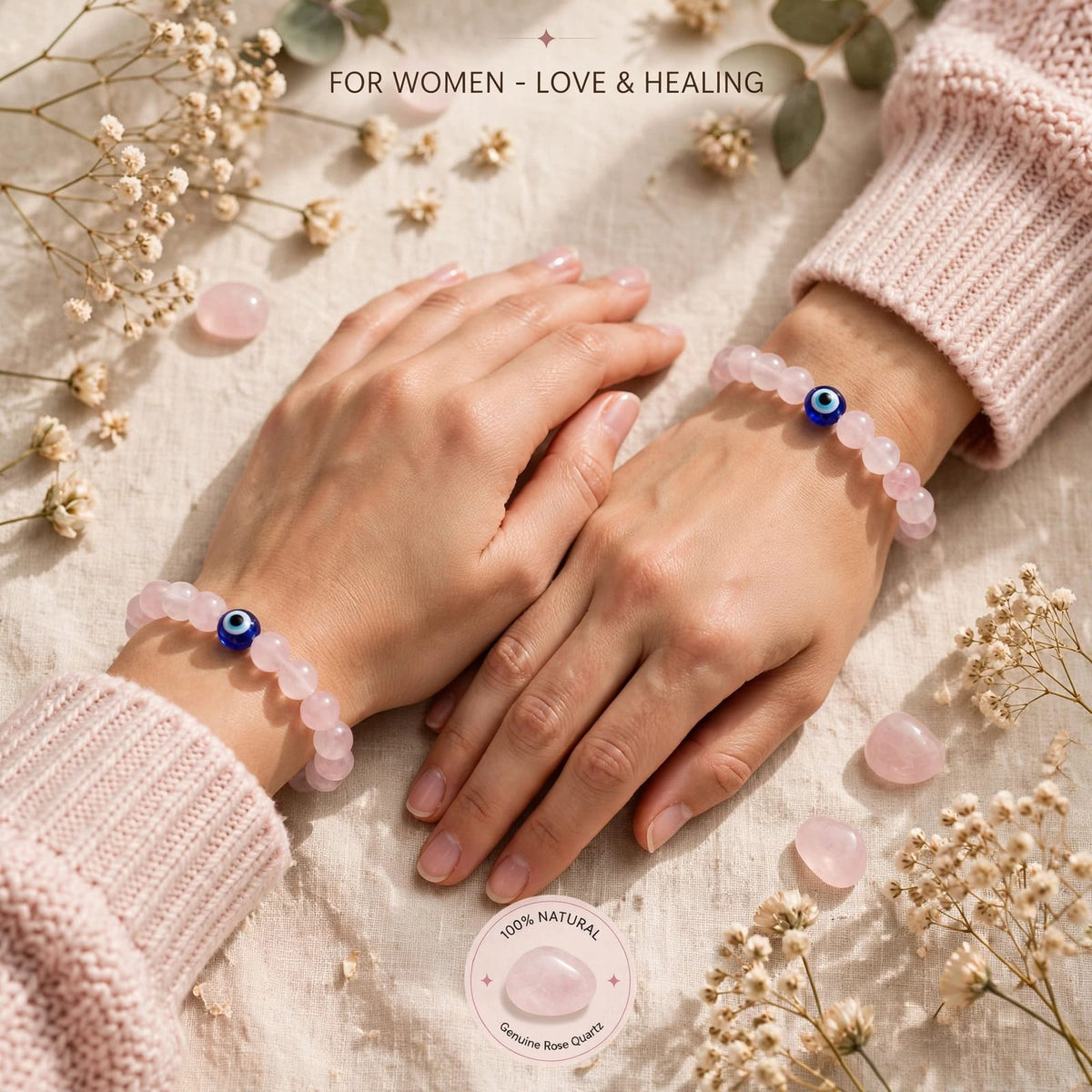 Rose Quartz with evil eye bracelet- for love and protection