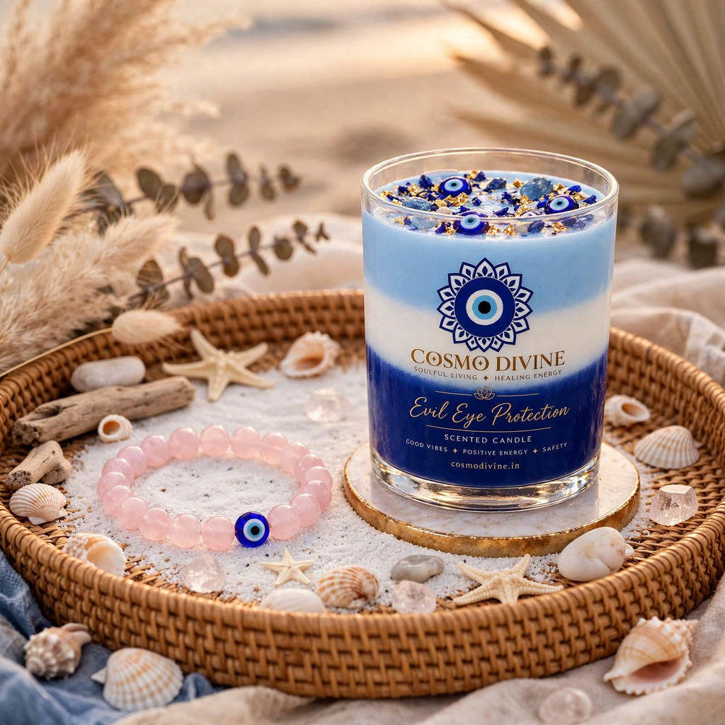 Evil Eye Candle & Rose Quartz Combo – Protection from Negative Vibes & Promotes Peace
