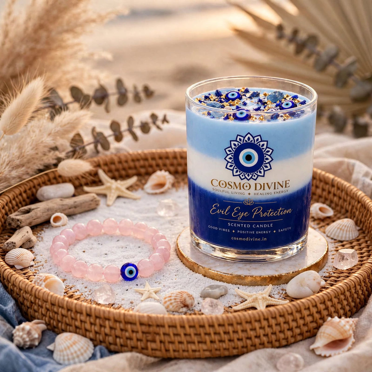 Evil Eye Candle & Rose Quartz Combo – Protection from Negative Vibes & Promotes Peace