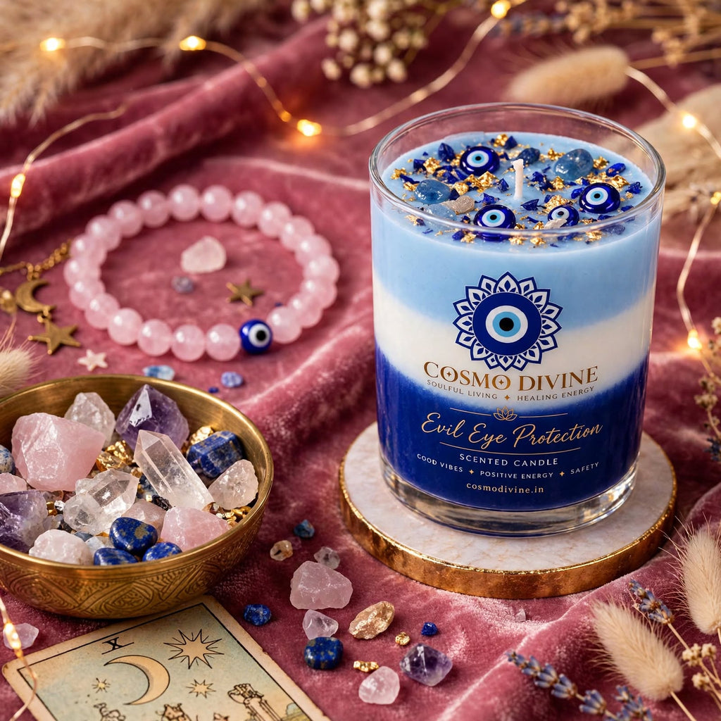 Evil Eye Candle & Rose Quartz Combo – Protection from Negative Vibes & Promotes Peace