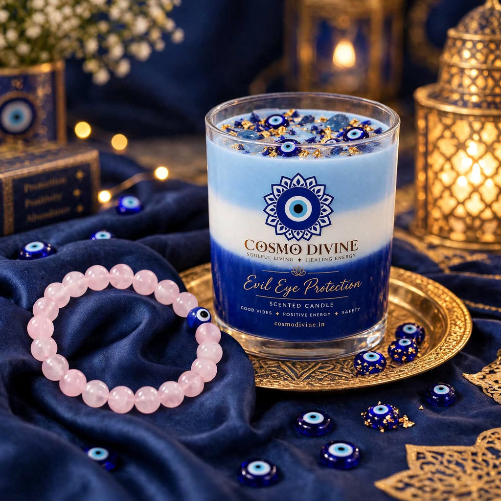 Evil Eye Candle & Rose Quartz Combo – Protection from Negative Vibes & Promotes Peace