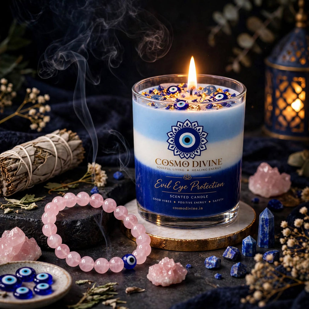 Evil Eye Candle & Rose Quartz Combo – Protection from Negative Vibes & Promotes Peace