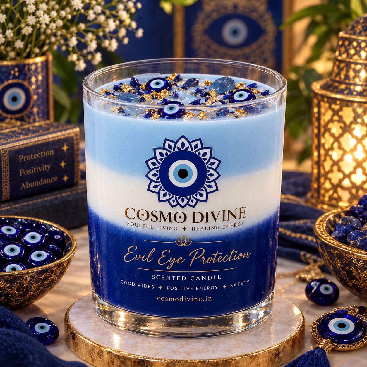 Evil Eye Candle & Rose Quartz Combo – Protection from Negative Vibes & Promotes Peace