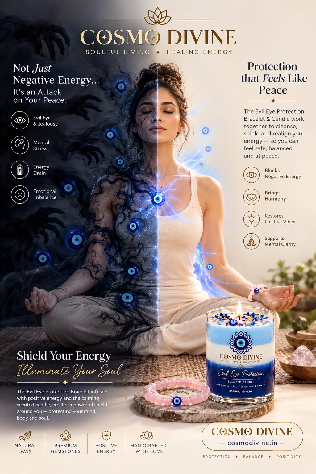 Evil Eye Candle & Rose Quartz Combo – Protection from Negative Vibes & Promotes Peace