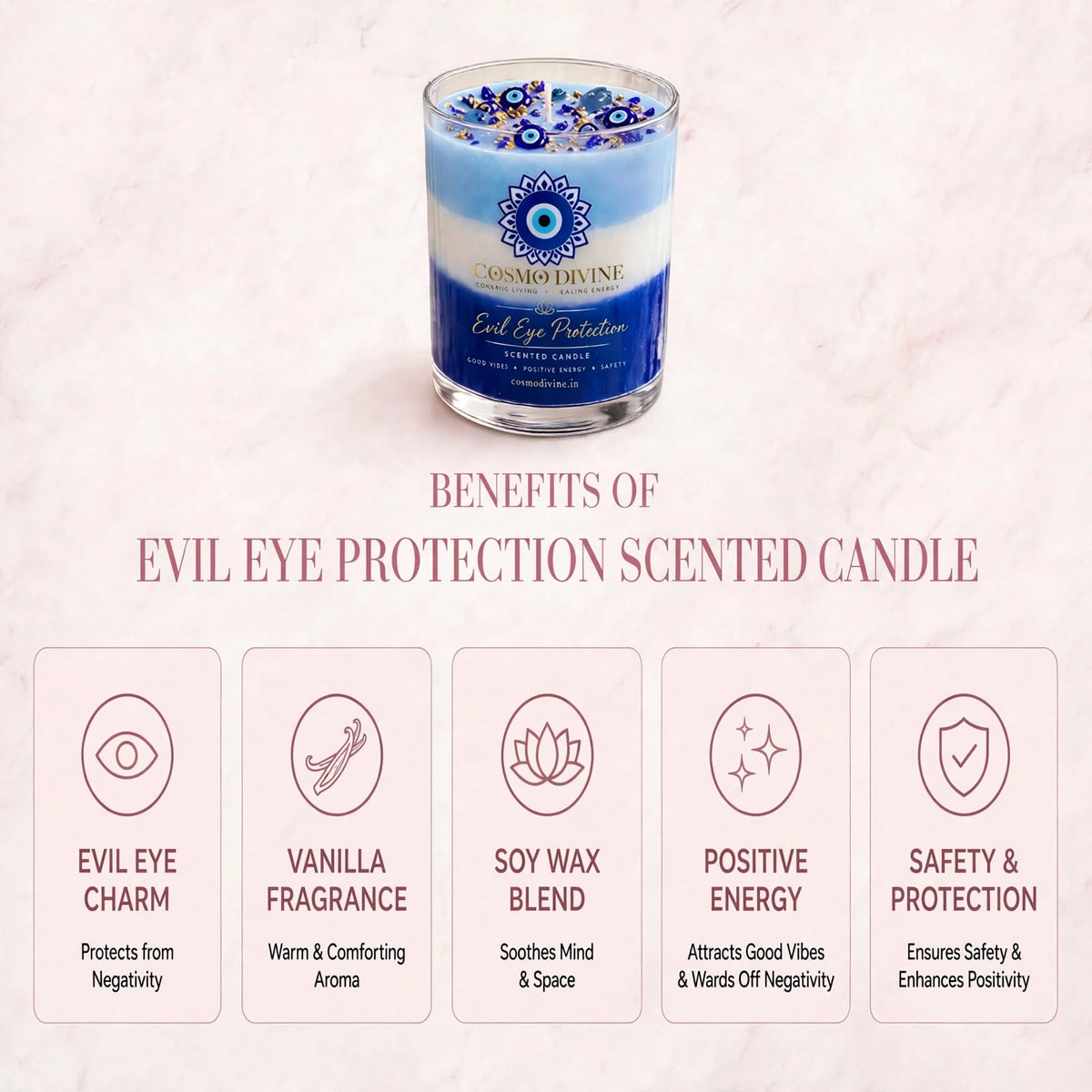 Evil Eye Candle & Rose Quartz Combo – Protection from Negative Vibes & Promotes Peace